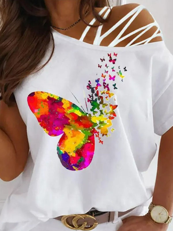 Cold Shoulder Lace-Up Cutout Butterfly Print T-shirt