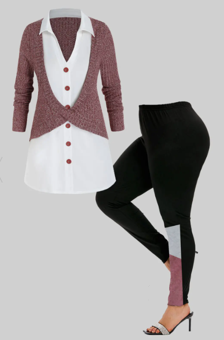 2 In 1 Button Front Bicolor Knit Sweater and Colorblock Leggings Plus Size Outfit