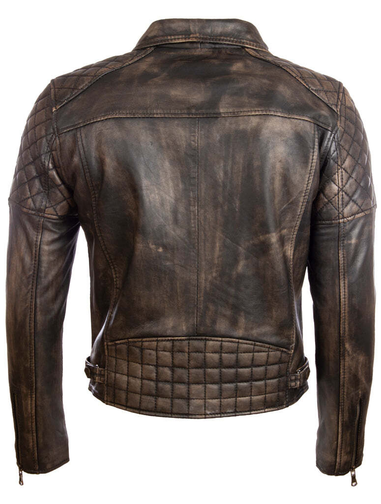 Men's  Leather Asymmetric Zip Fashion Biker Jacket with Diamond Padding (6MFX)