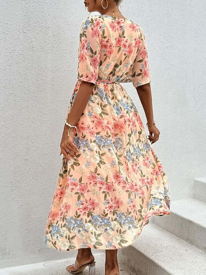 Glam Peach Floral Print Short Sleeve Maxi Dress