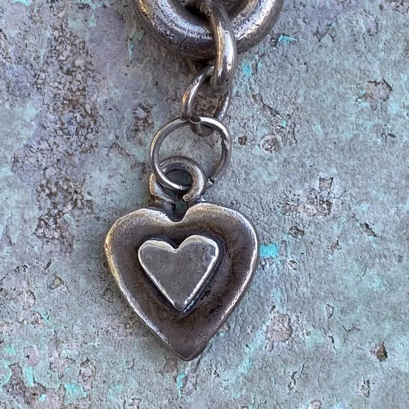 Large Link Heart Charm Bracelet in Solid Sterling Silver