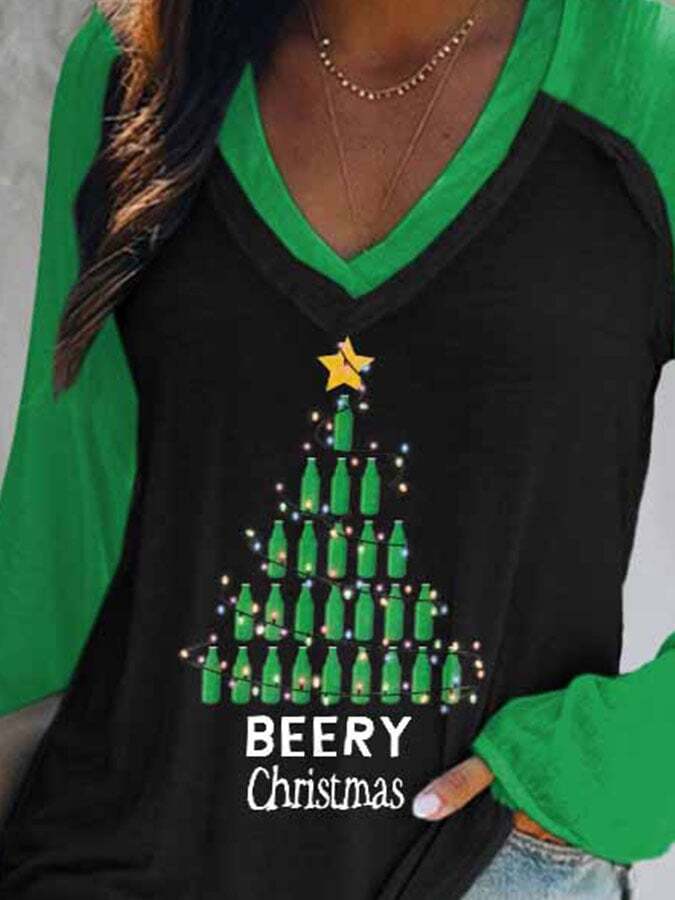 V Neck Funny Beery Christmas Print T-Shirt