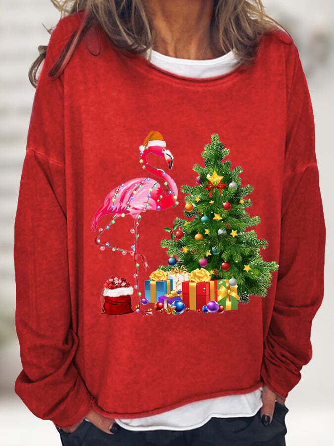 Women's Flamingo Christmas Tree Casual Long-Sleeve T-Shirt