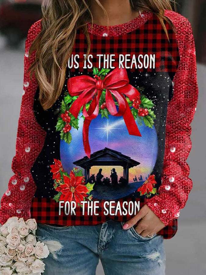 Jesus Is The Reason For The Season Christmas Sequins Print Sweatshirt