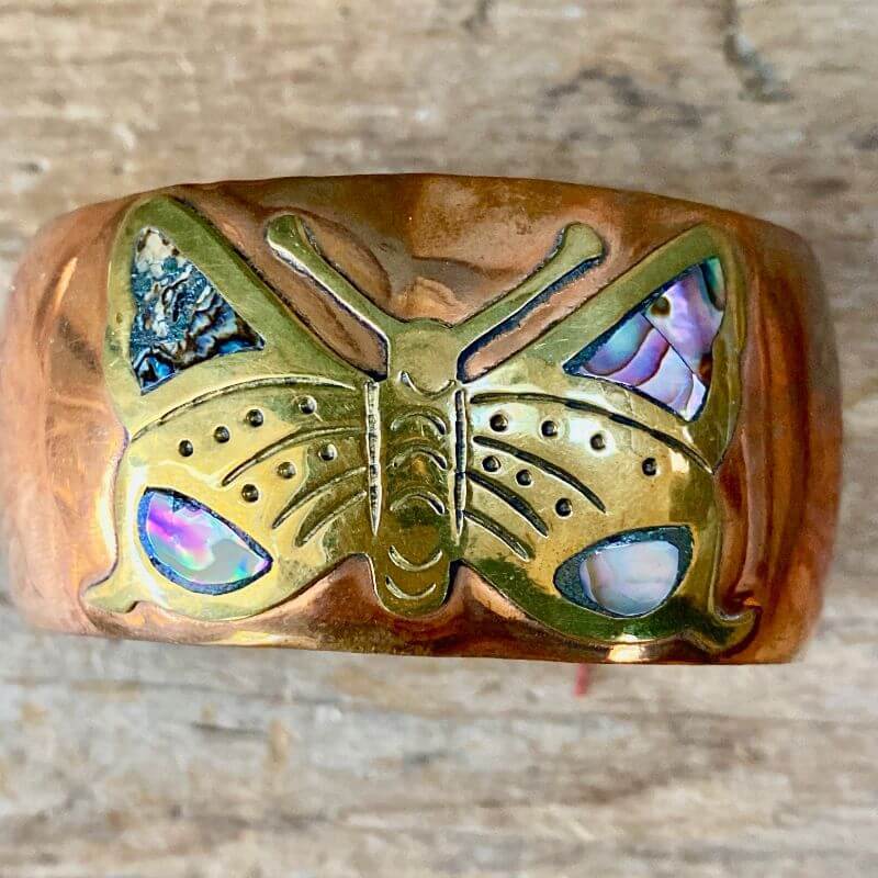 Vintage Mexican Butterfly Bracelet in Solid Copper and Brass with Abalone