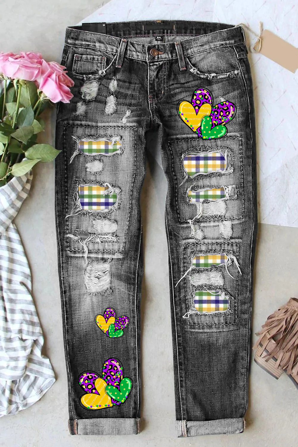 [CLEARANCE SALE]Purple Leopard Plaid Mardi Gras Love Jeans