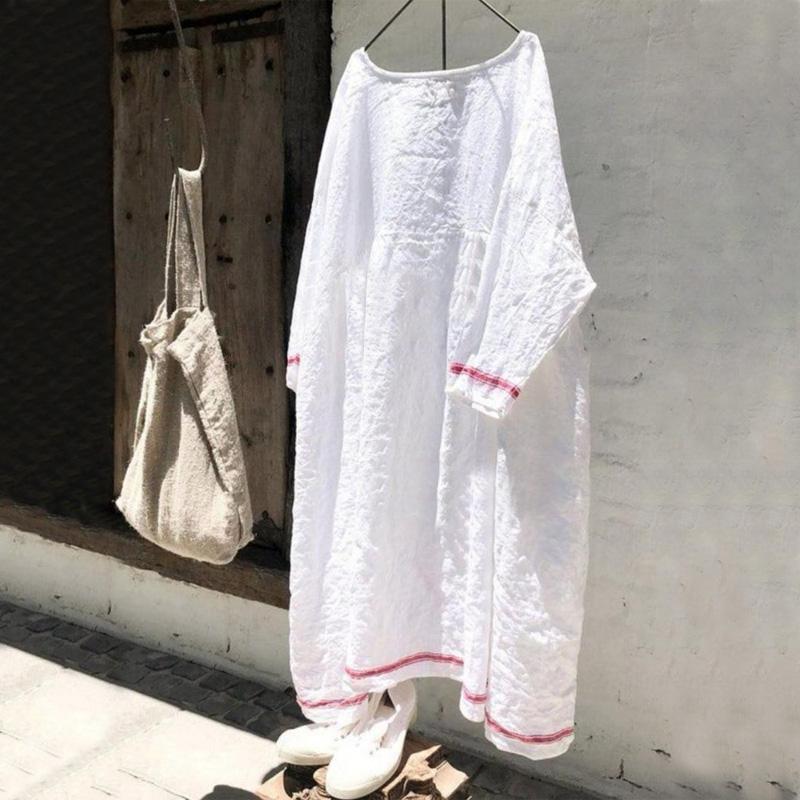 Women's Fashion V-Neck Loose Cotton And Linen Dress