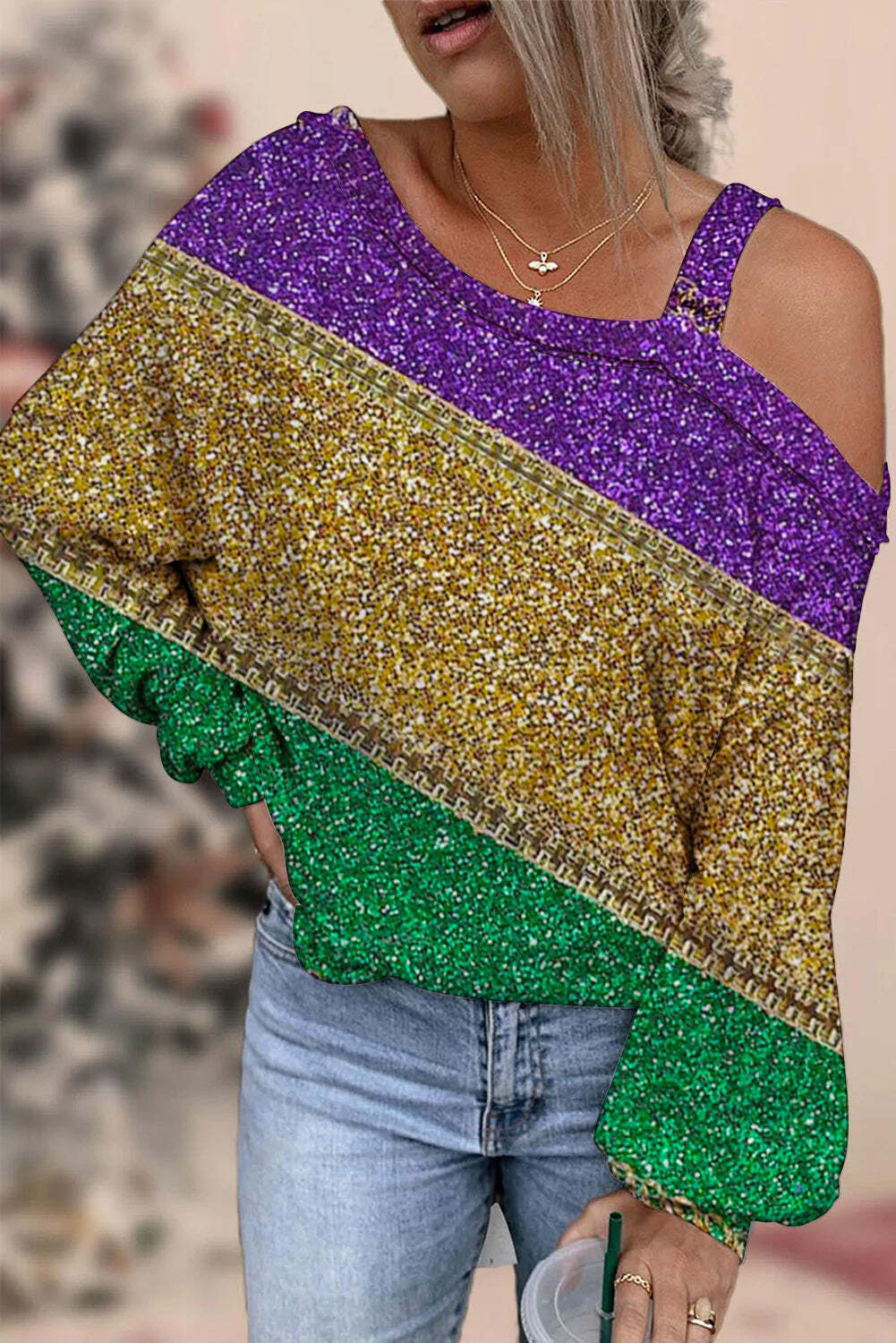 [CLEARANCE SALE]Retro Mardi Gras Carnival Purple Green And Gold Color Block Glitz Print Off-Shoulder Blouse