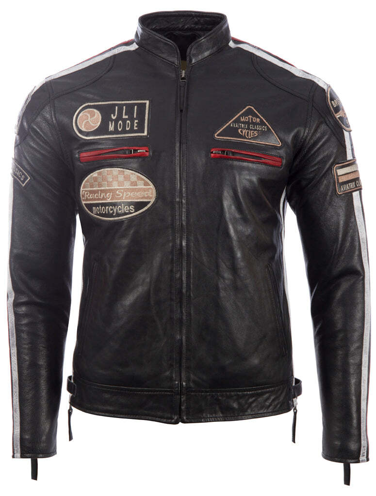 Men's Super-Soft  Leather Band Collar Patch Fashion Biker Jacket (CXUS) - Black