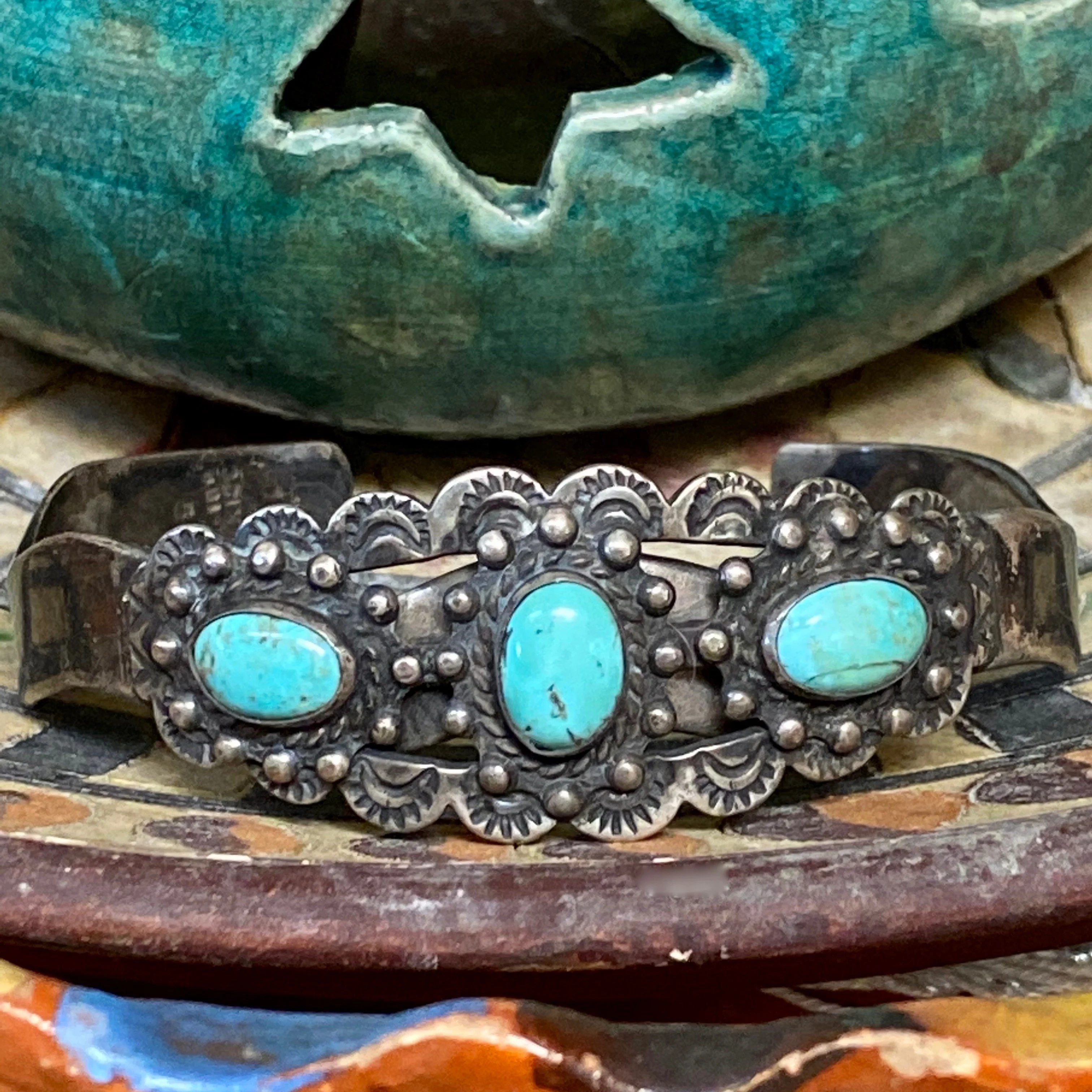 Fred Harvey Turquoise and Sterling Silver Pretty GIrl Bracelet
