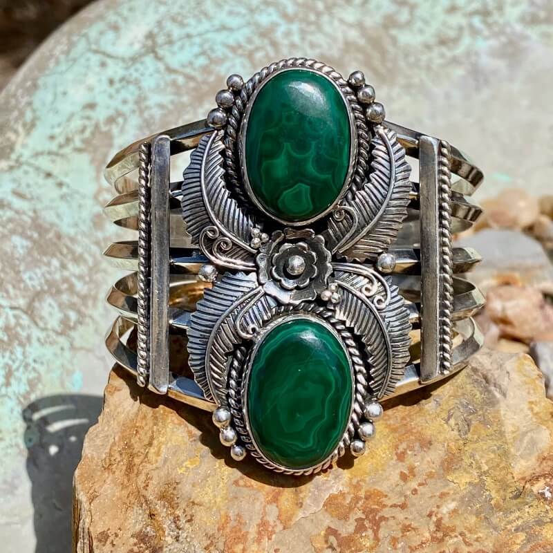 Double Green Malachite Signed Navajo Sterling Silver Bracelet