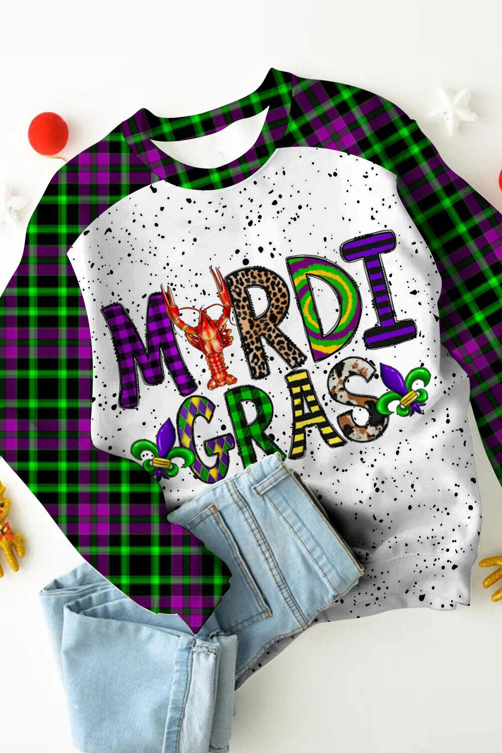 [CLEARANCE SALE]Mardi Gras Plaid Crawfish With Fleur De Lis Polka Print Sweatshirt