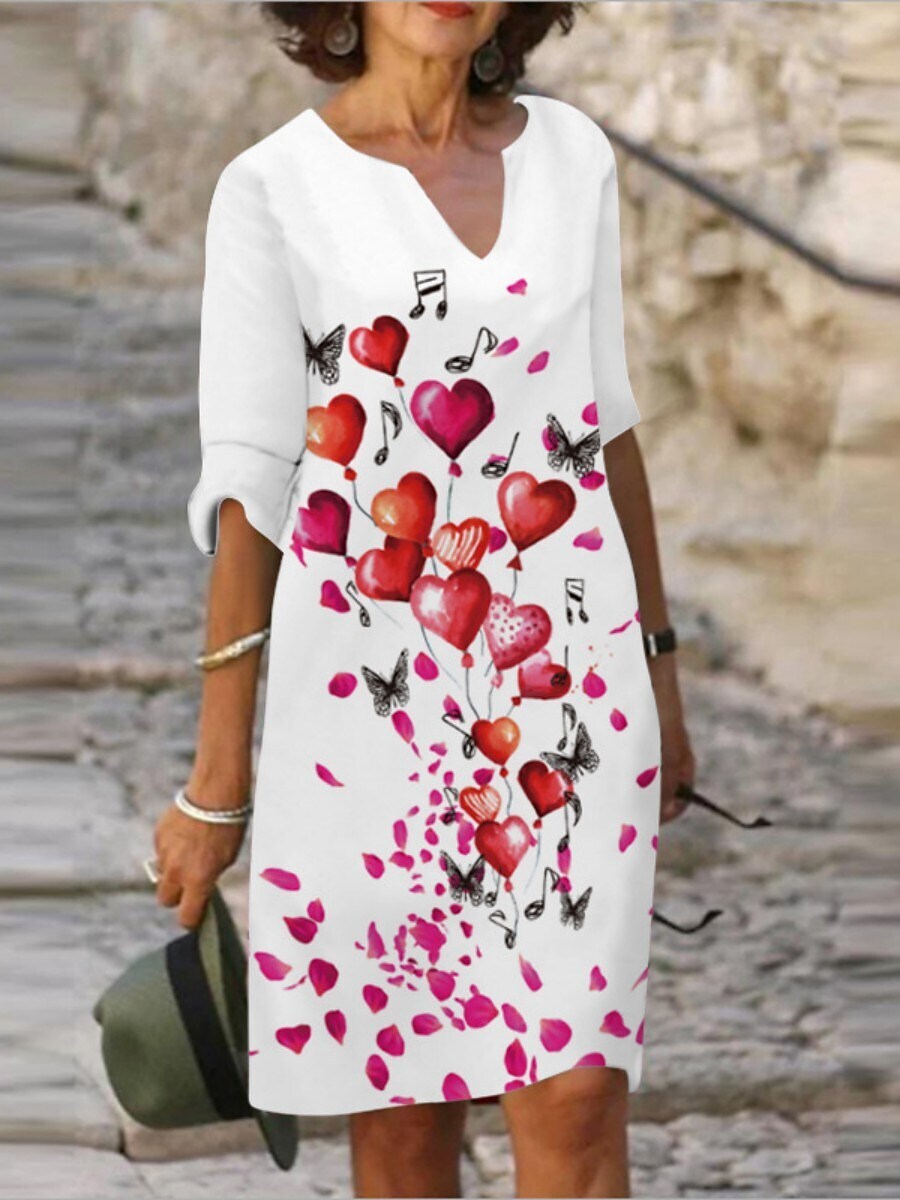 Women's Casual Dress Shift Dress Summer Dress Butterfly Heart Print V Neck Midi Dress Active Fashion Daily Holiday 3/4 Length Sleeve Loose Fit Colourful White Pink Spring Summer S M L XL XXL