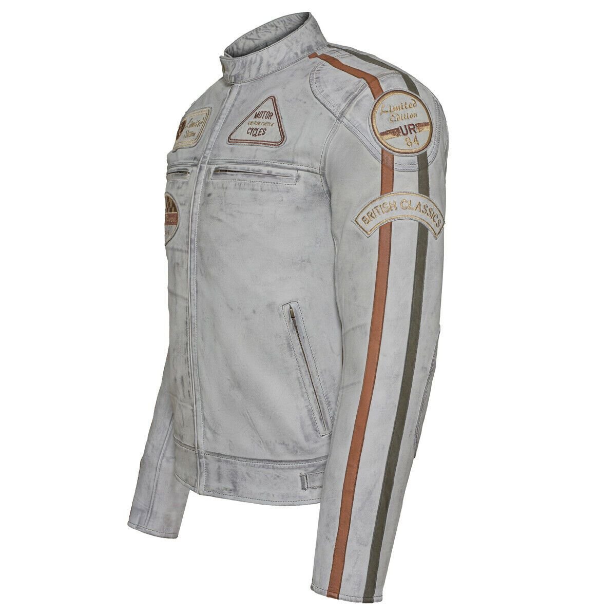 Classic Mens British Grey Motorcycle Leather Jacket With Badges