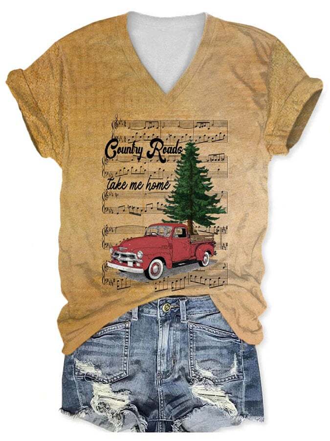 Christmas Tree Truck Country Roads Take Me Home Print T-Shirt