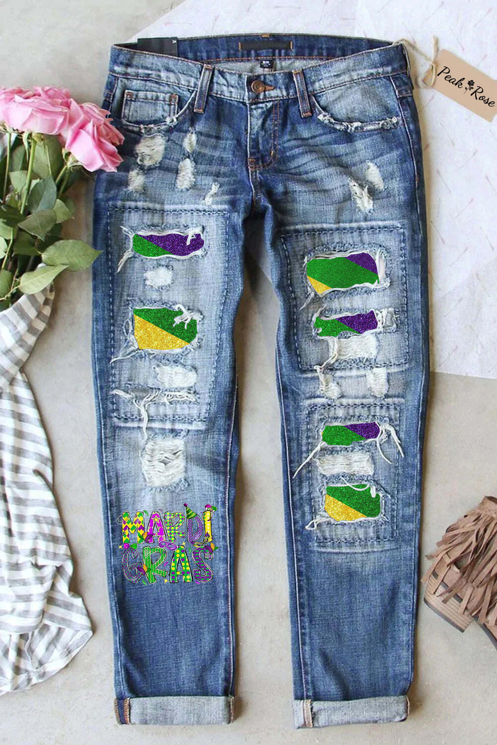 [CLEARANCE SALE]Vintage Mardi Gras Carnival Purple Green And Gold Splash Color Block Print Ripped Denim Jeans