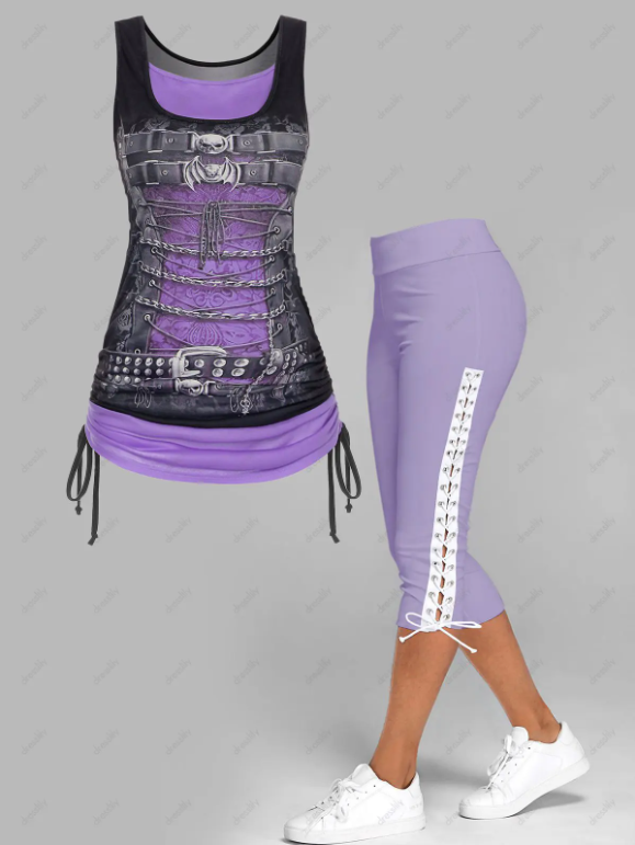 Contrast Colorblock Skull Bat Printed Cinched Tank Top and Lace Up Skinny Crop Leggings Gothic Outfit