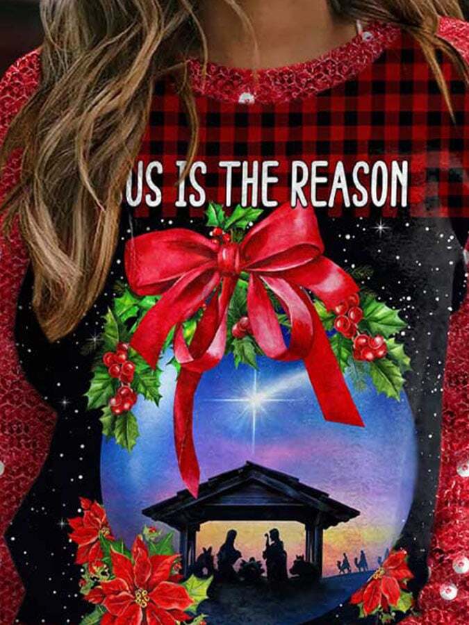 Jesus Is The Reason For The Season Christmas Sequins Print Sweatshirt