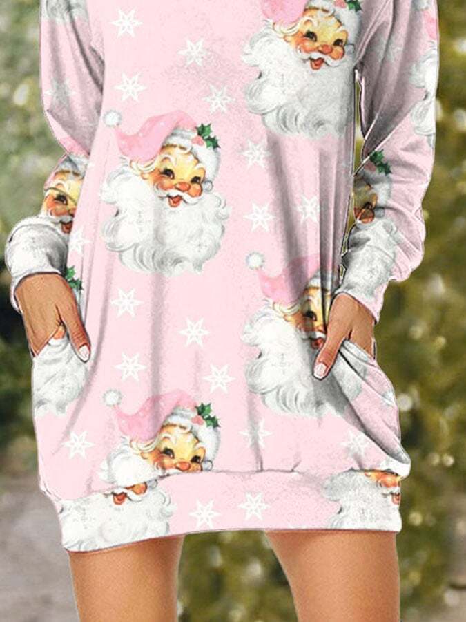 Christmas Retro Pink Santa Print Dress