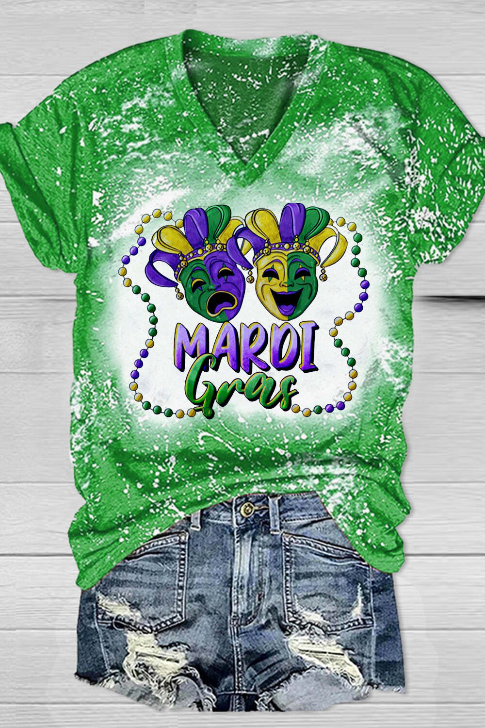 [CLEARANCE SALE]Casual Mardi Gras Mask With Beads Print Bleached Outside T-shirt