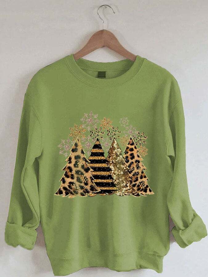 Women' Leopard Christmas Tree Print Casual Sweatshirt