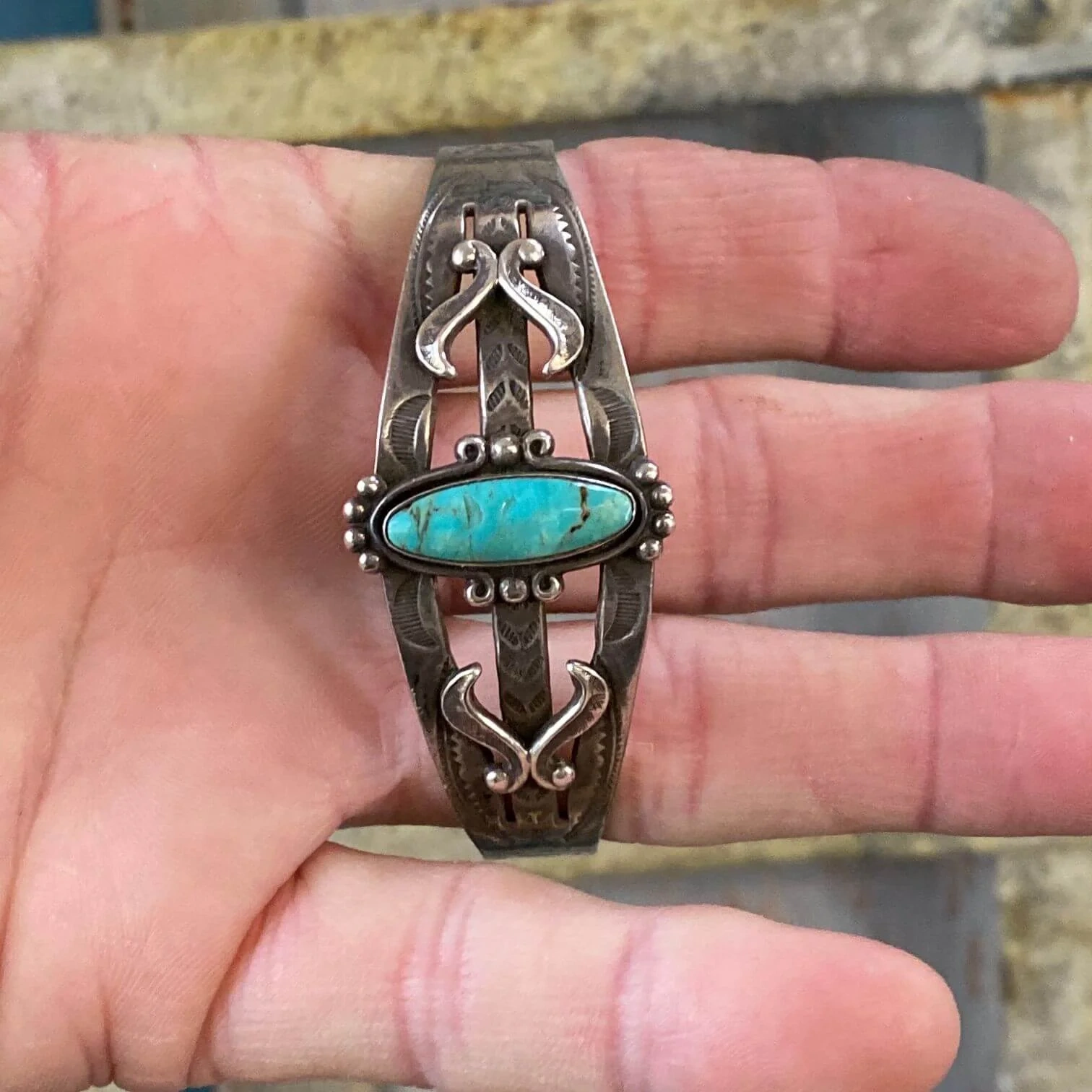 Navajo Turquoise and Sterling Silver Pretty Girl Bracelet Fred Harvey Sterling