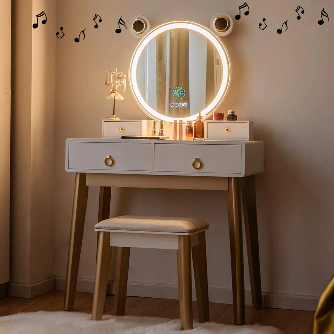 Vanity Table with Lighted Mirror and Cushion Stool, Makeup Dressing Desk for Girls Women