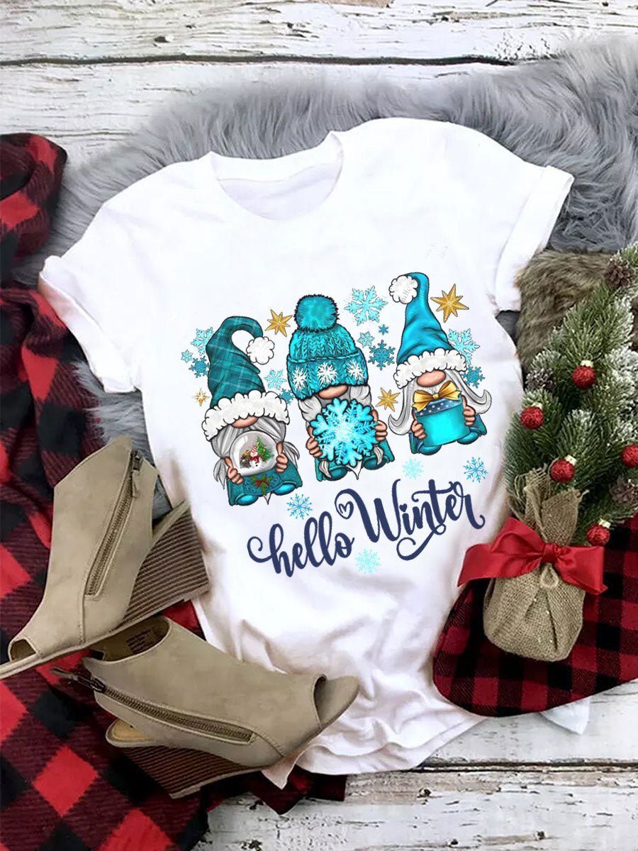 Hello Winter Gnome Print Crew Neck T-Shirt