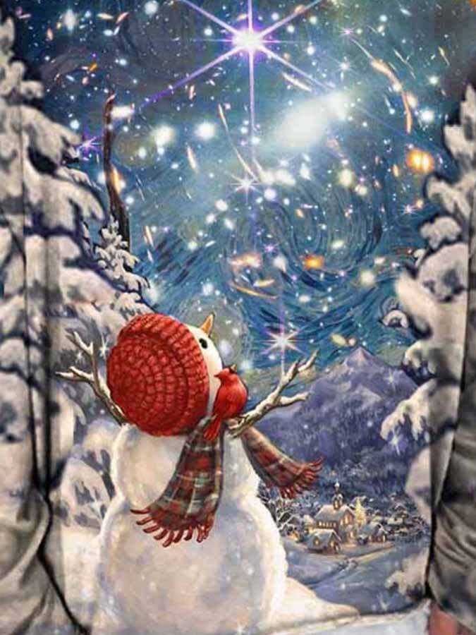 Starry Snowman Print Casual Sweatshirt
