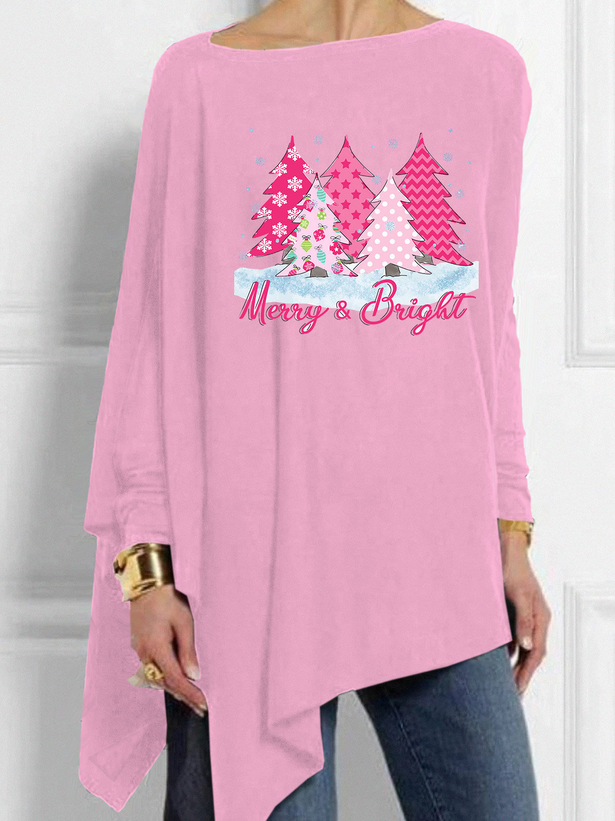 Women's Merry And Bright Pink Christmas Tree Print Casual Top