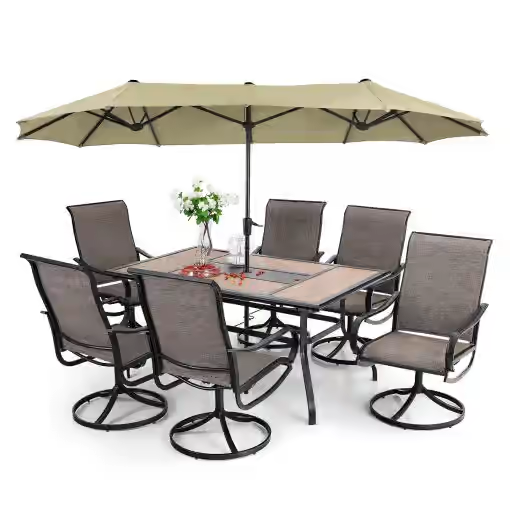 8 Pieces Patio Dining Set with Umbrella,Outdoor Furniture Set with 6 Sling Dining Swivel Chairs