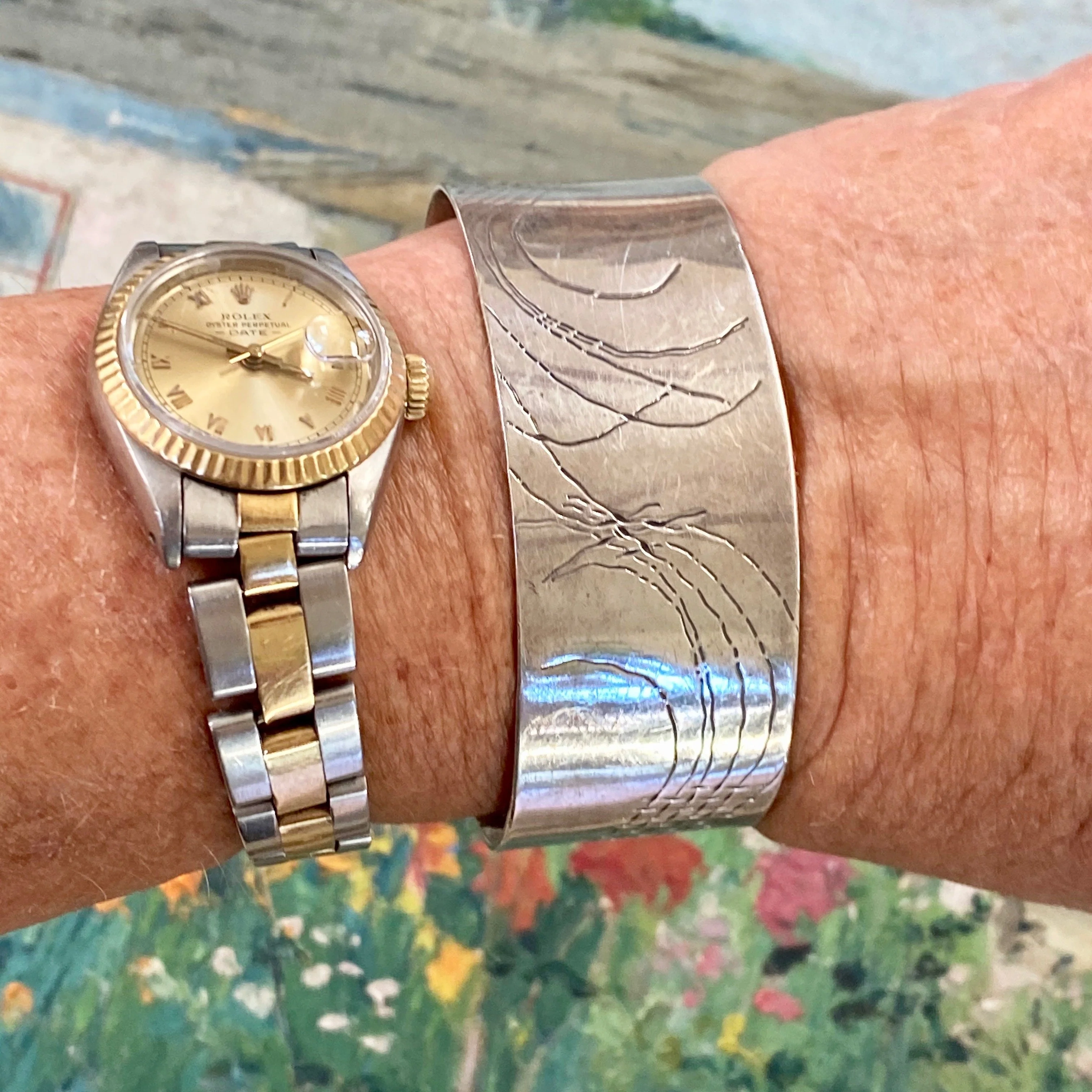 Mid- Century Impressionist Style Wide Cuff Bracelet in Sterling Silver