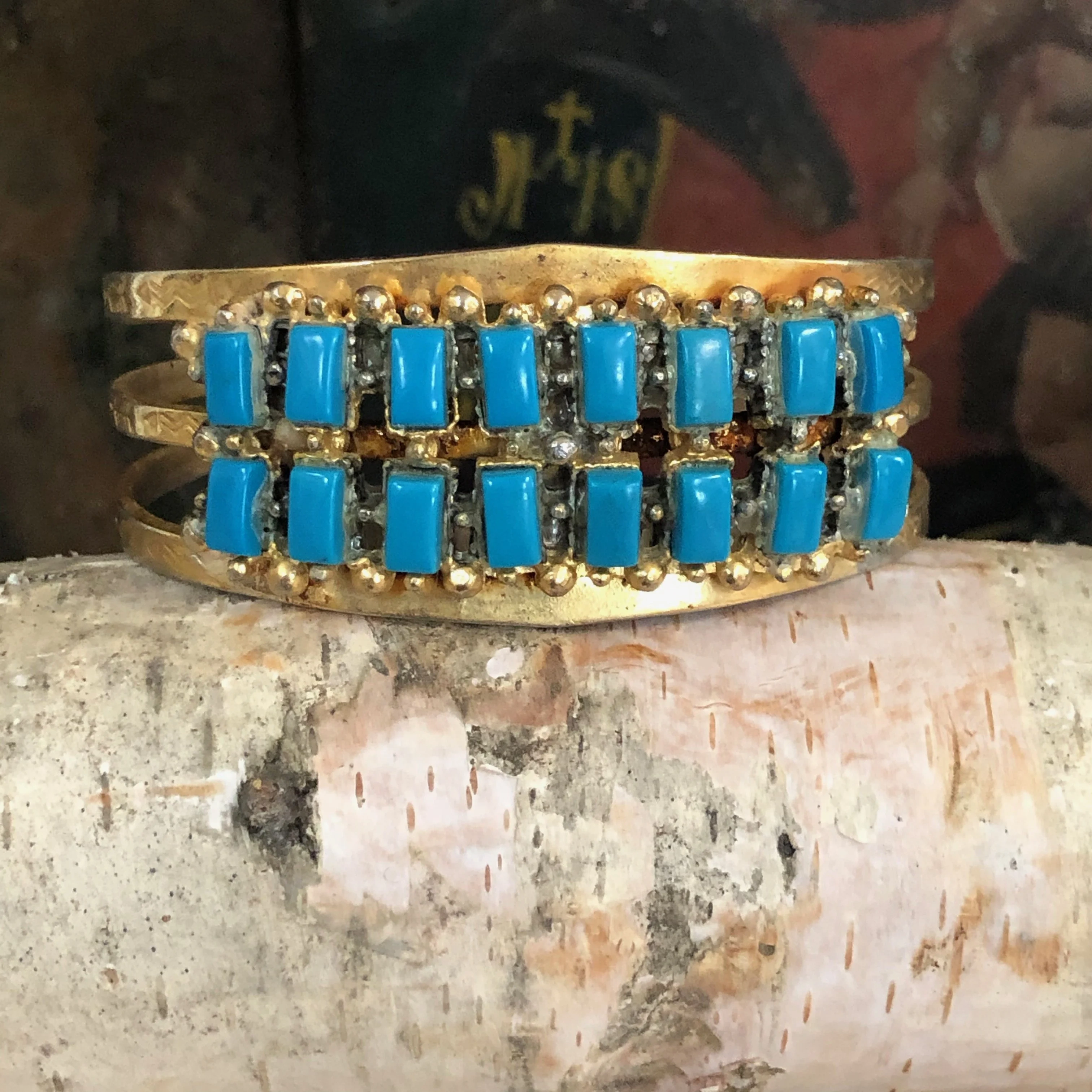 Vintage Costume Grade Gold Tone and Faux Turquoise Row Bracelet