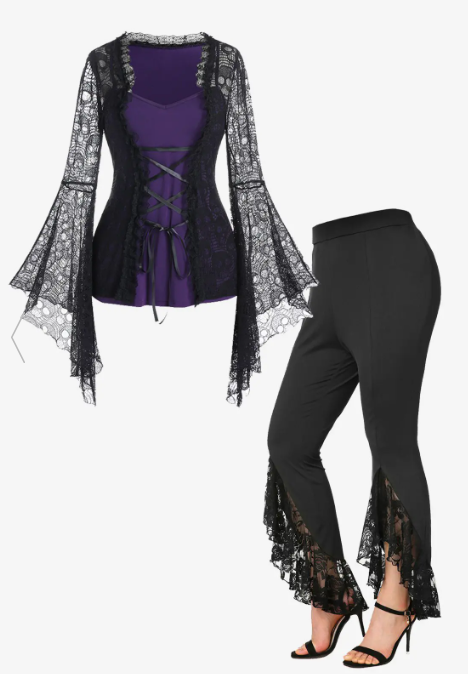 Bell Sleeve Skull Lace Gothic Tee and Floral Lace Insert Slit Bell Pants Outfit