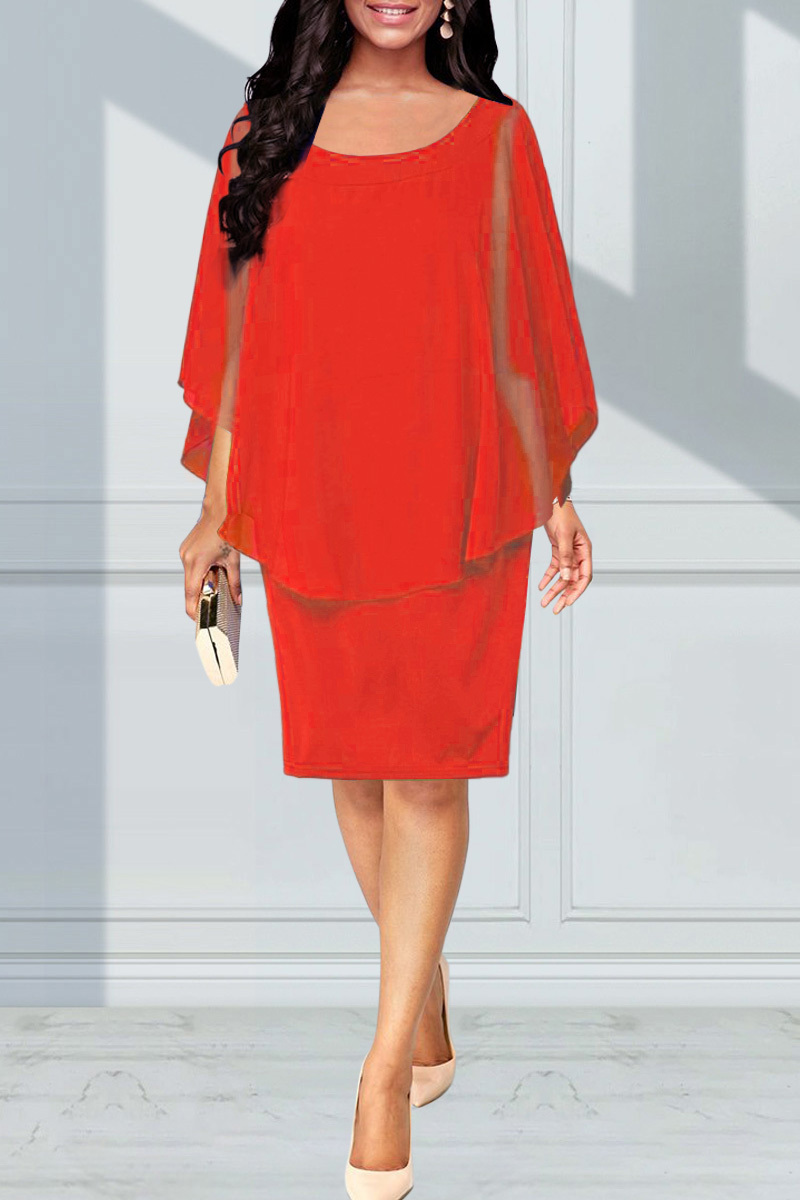 Plus Size Cape Sleeve Elegant Solid Midi Dress