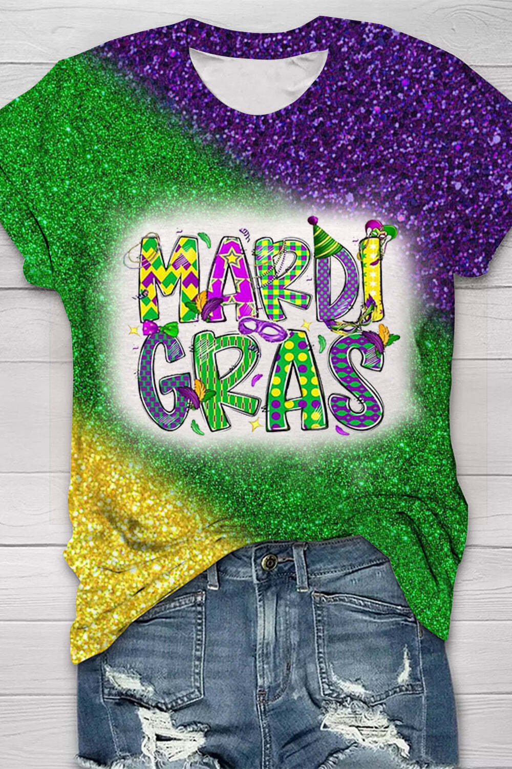 [CLEARANCE SALE]Glitter Mardi Gras Carnival Mask King Polka Bleached Print Round Neck Short Sleeve T-shirt