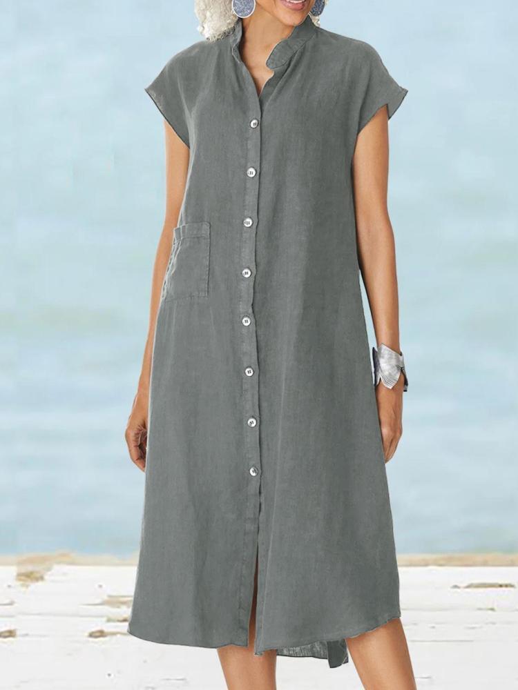 Stand Up Collar Button Down Cotton And Linen Dress With A Pocket