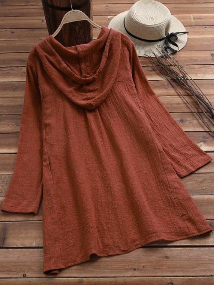 Cotton And Linen Hooded Dress With Long Sleeves