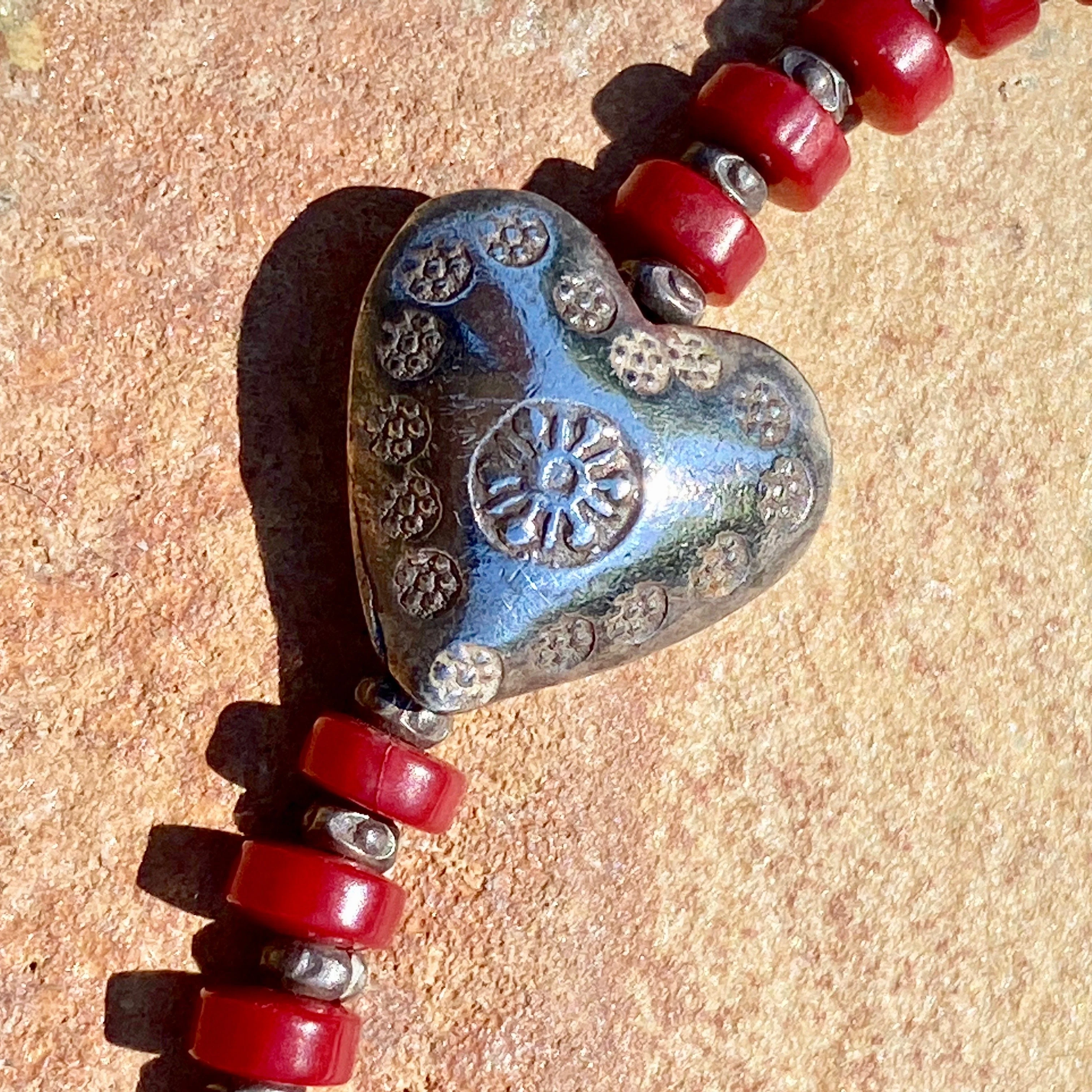 Rustic Heart Bracelet with Deep Red and Silver Beads