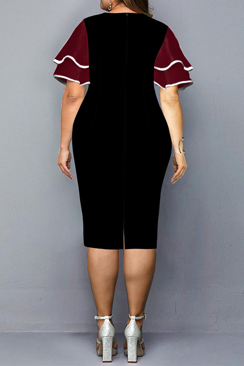 Plus Size Ruffle Sleeve Print Bodycon Midi Dress