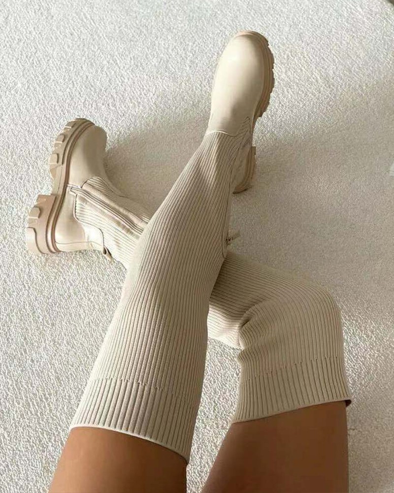 Plain Zipper Decor Knit Knee High Boots