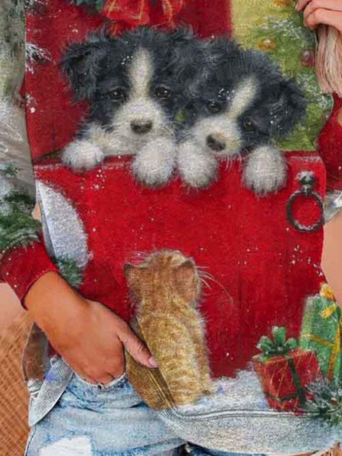 Christmas Dog And Cat Print Sweatshirt