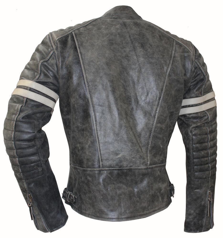 Vintage Fight Club Leather Biker Jacket with white stripes