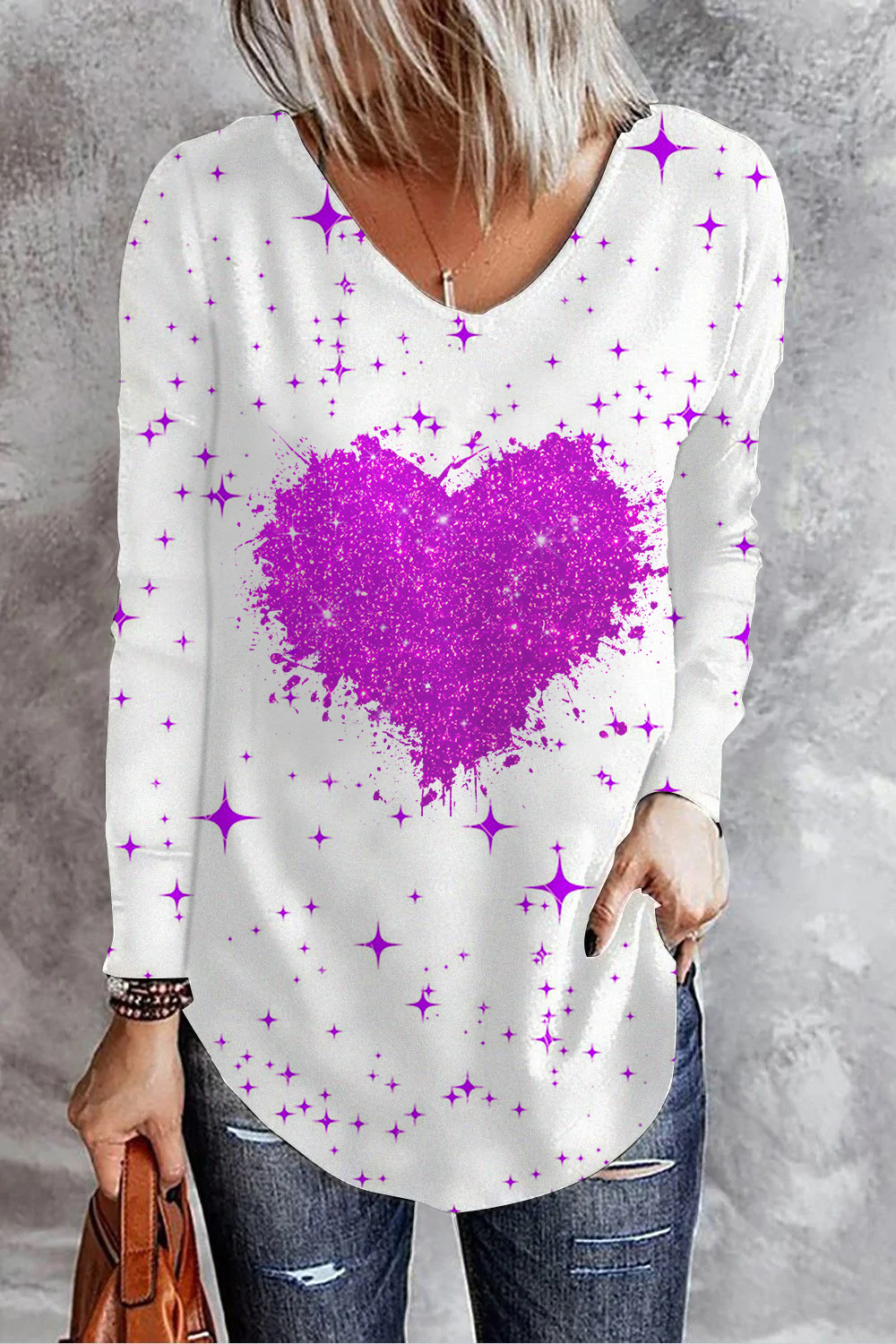 [CLEARANCE SALE]Purple Glitter Heart V Neck Long Sleeve T-Shirt