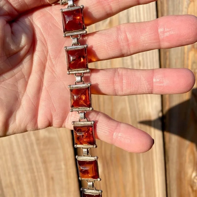 Vintage Sterling Silver Panel Bracelet set with Baltic Amber