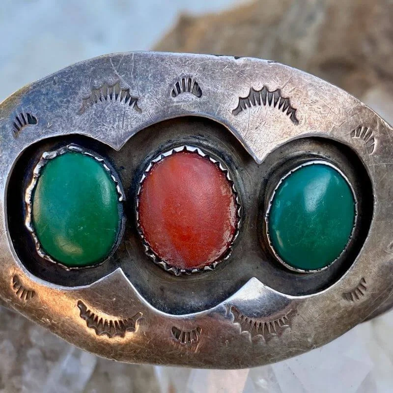 Old Navajo Sterling Shadowbox Bracelet with Green Turquoise and Coral