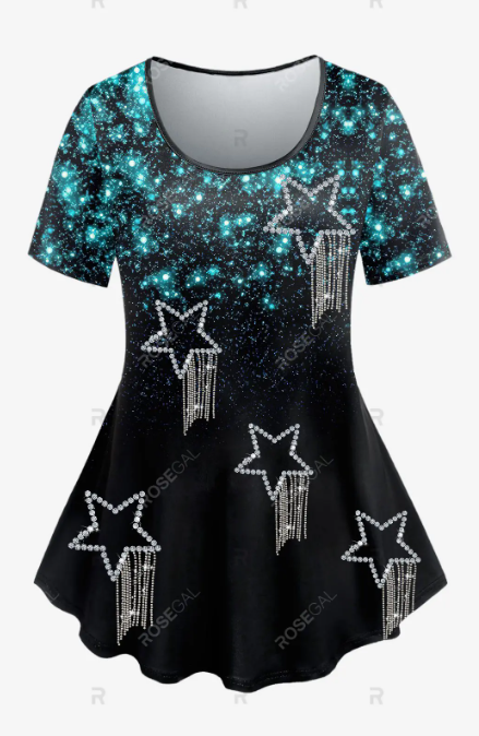 3D Glitter Sparkles Star Printed Tee and 3D Glitter Sparkles Star Leggings Plus Size Outfit