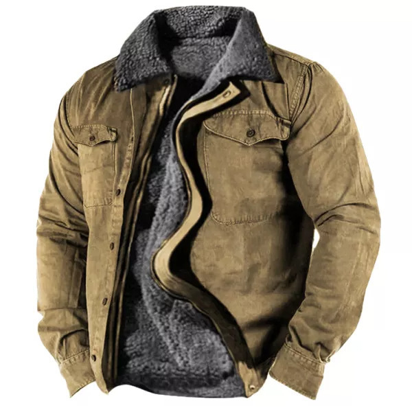 Stand Collar Solid Fleece Multi-Pocket Jacket