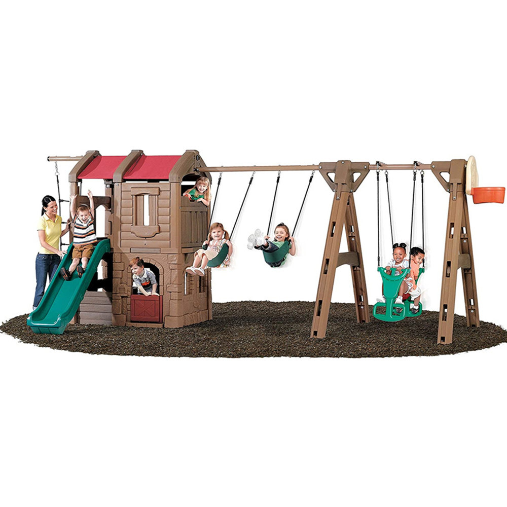 Outdoor Playset Includes Swings, Glider, Steering Wheel, Backboard Hoop, Two Level Clubhouse, Rope Ladder, & Kids Slide