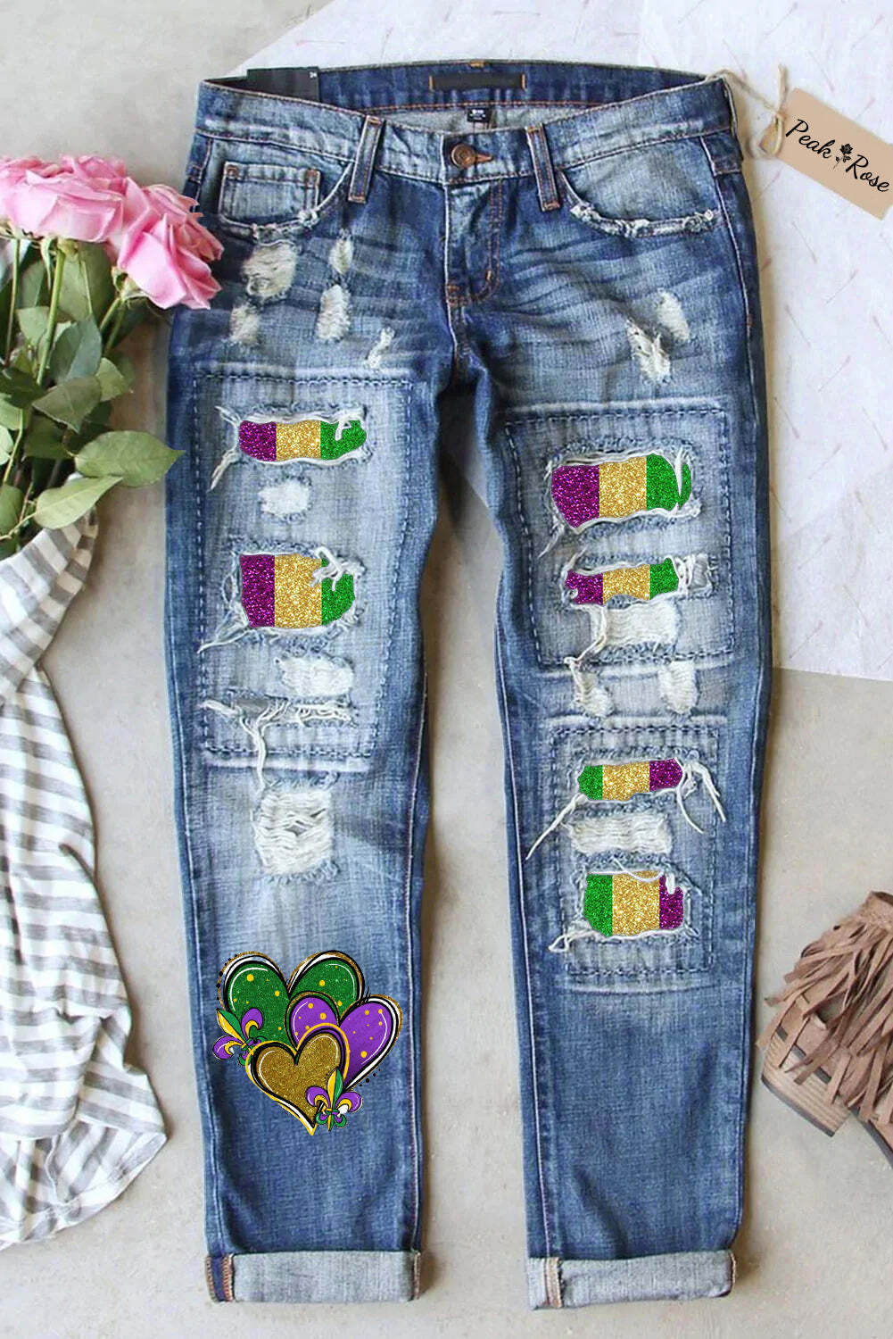 [CLEARANCE SALE]Mardi Gras Glitter Hearts Print Tie Dye Bleached Ripped Jeans